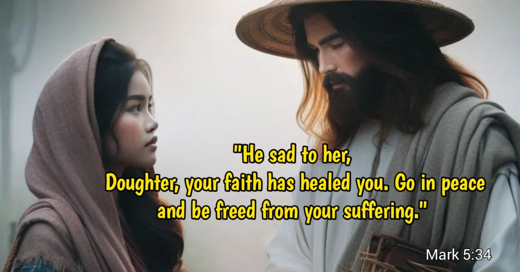 Mark 5:34 - He said to her, “Daughter, your faith has healed you. Go in peace and be freed from your suffering.