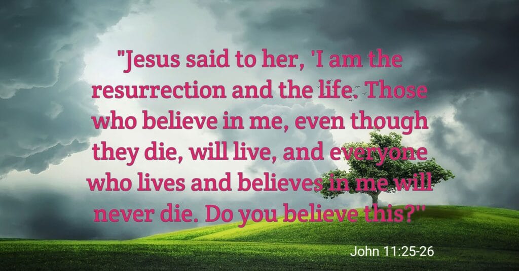"Jesus said to her, 'I am the resurrection and the life. Those who believe in me, even though they die, will live, and everyone who lives and believes in me will never die. Do you believe this?'" John 11:25-26