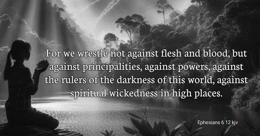 Ephesians 6:12: "For we wrestle not against flesh and blood, but against principalities, against powers, against the rulers of the darkness of this world, against spiritual wickedness in high places."