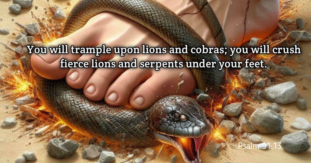 You will trample upon lions and cobras; you will crush fierce lions and serpents under your feet. Psalm 91:13