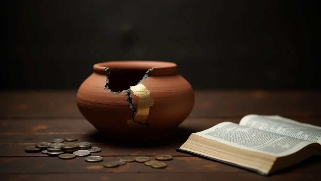A broken clay pot being mended with gold (kintsugi style), placed on a table with coins and an open Bible beside it. Symbol of financial and spiritual restoration, moody lighting, wide frame.