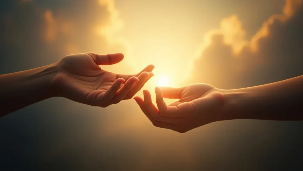 “A comforting hand reaching out to another, with a soft heavenly light in the background, symbolizing support, prayer, and God’s love, emotional tone, inspirational Christian art, landscape orientation”