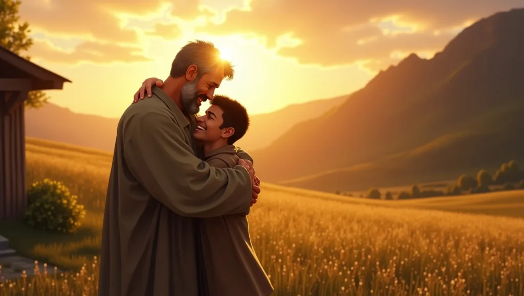 A joyful reunion of a father hugging his son (prodigal son imagery), warm light, peaceful home background, emotional expressions, biblical and heart-touching theme, landscape shot.