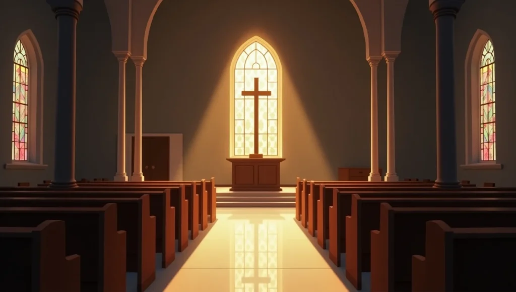 A peaceful empty church after service, light coming through stained glass, cross at the altar, sense of calm and closure, symbolizing end of a prayerful gathering