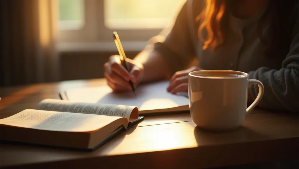 A person journaling next to a Bible with coffee and soft sunlight, writing about restoration, peaceful indoor setting, quiet devotional mood, warm tones, landscape style.