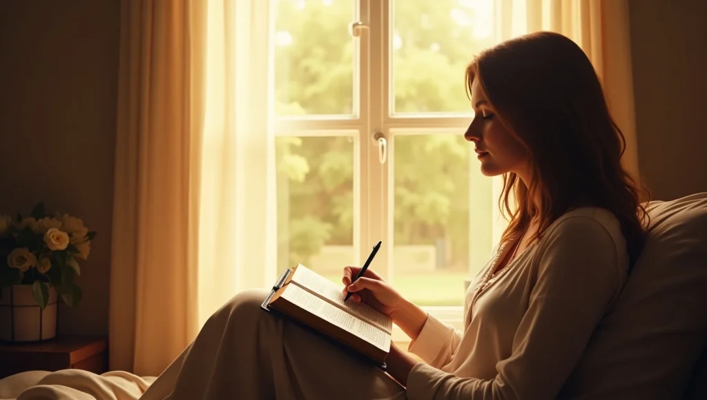 A young woman sitting near a window with a Bible on her lap, eyes closed in prayer, writing thoughts in a prayer journal, calm and spiritual expression, morning light shining in