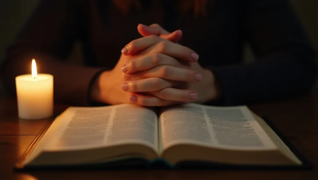 Hands folded in prayer over an open Bible, a candle flickering beside it. Peaceful, intimate setting, focus on prayer and hope. Emotional and spiritual depth, landscape orientation.