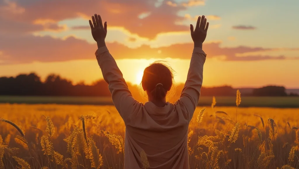 A golden field at sunset, with a person raising their hands in gratitude, expressing thanksgiving and victory after completing a 3-day fast. The warm, vibrant colors of the sunset symbolize the joy and peace that comes with spiritual breakthroughs. This image should feel uplifting and celebratory
