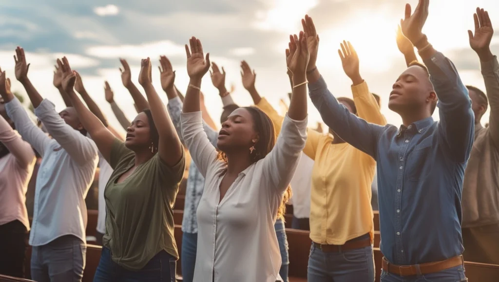 A large group of people standing in worship with hands raised, praying together for revival under the open sky or in a church. Emotional expressions. Light rays coming from above. Hopeful, powerful atmosphere.