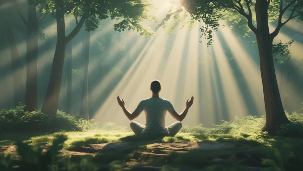 A peaceful forest scene with soft rays of sunlight filtering through the trees, creating an inviting, reflective space. In the foreground, a person is sitting in prayer, eyes closed, hands raised in surrender to God. This image should evoke feelings of peace, trust, and alignment with God