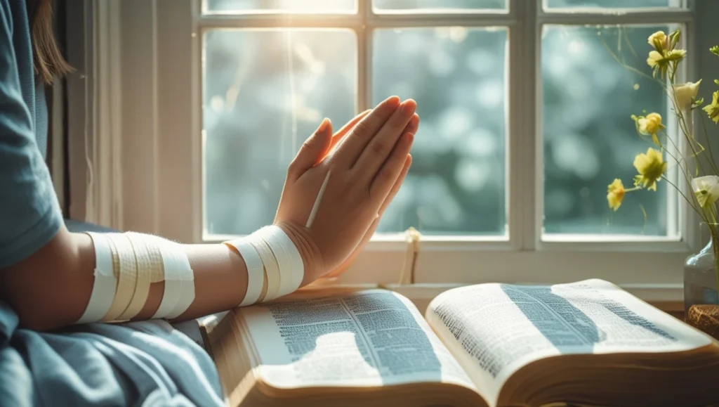 Dieterich Prayer Page
A peaceful scene of a person sitting near a window with hands folded in prayer, soft bandages on arm or healing symbols, Bible beside them, light pouring in — representing hope and healing through prayer.