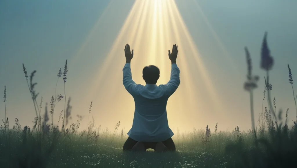 A person kneeling in prayer in a quiet meadow at dawn, hands lifted, with light shining from above symbolizing divine restoration. Calm, spiritual atmosphere, soft focus, cinematic landscape style.