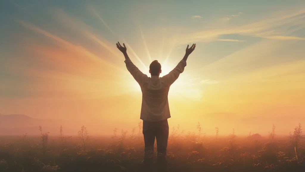 A person standing in an open field with arms lifted to heaven, surrounded by glowing orange light from the sky, symbolic of divine presence, surrender, and spiritual awakening, peaceful background with subtle rays,