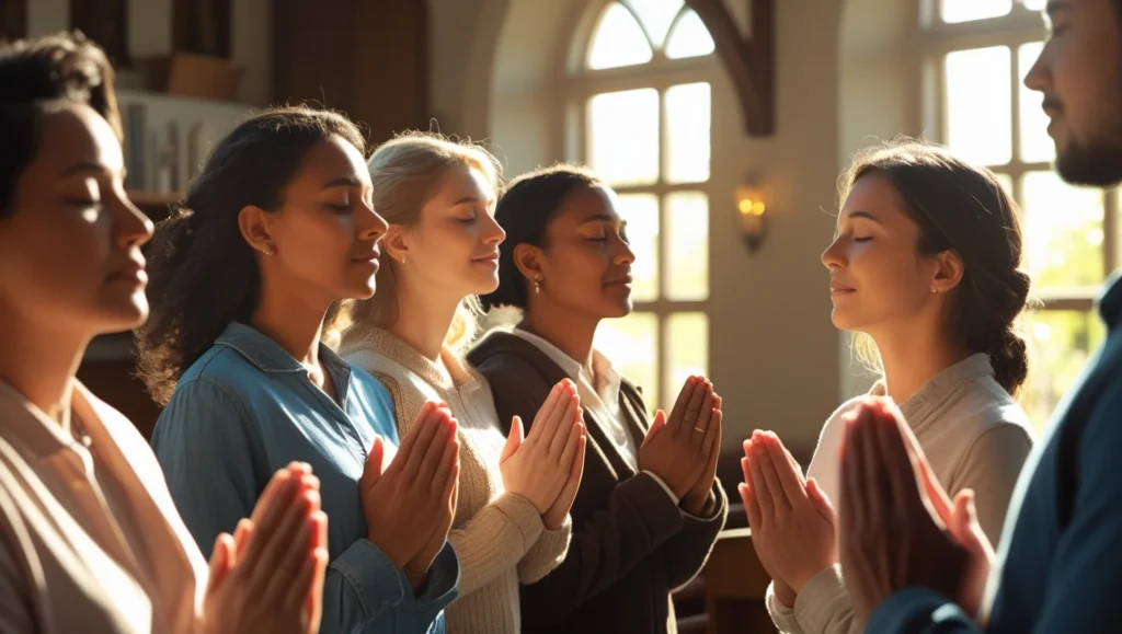 A small group of believers holding hands in prayer, eyes closed, peaceful expressions, inside a cozy church room, spiritual and calm atmosphere, natural sunlight through windows