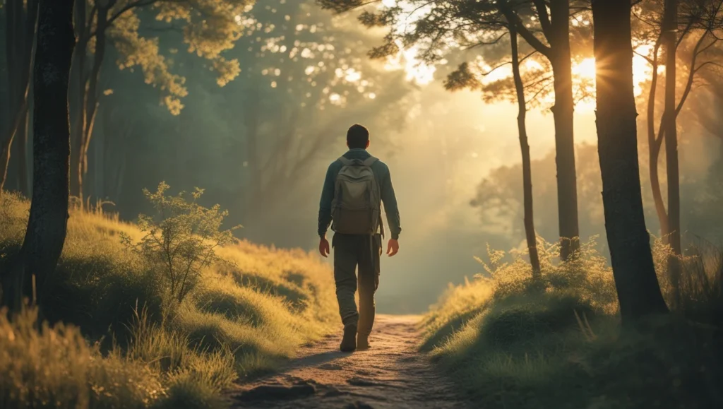 A weary traveler walking along a forest path, light breaking through trees symbolizing spiritual renewal. Peaceful nature, hopeful expression, sunrise lighting, soft tones.
