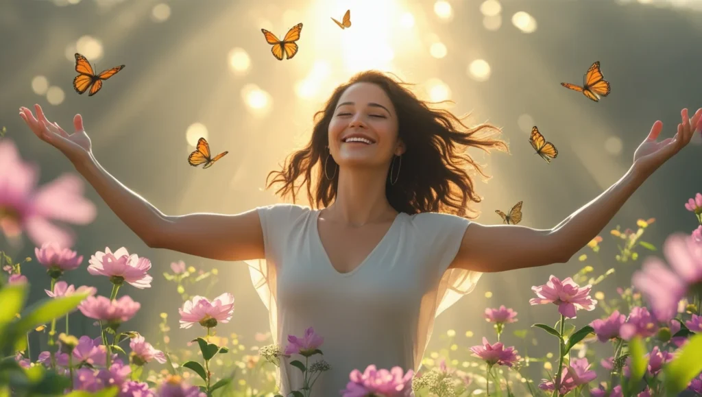 A woman smiling while standing in sunlight with arms open wide, surrounded by blooming flowers and butterflies, symbolizing healing and restoration. Emotional, spiritual, natural background, wide frame.