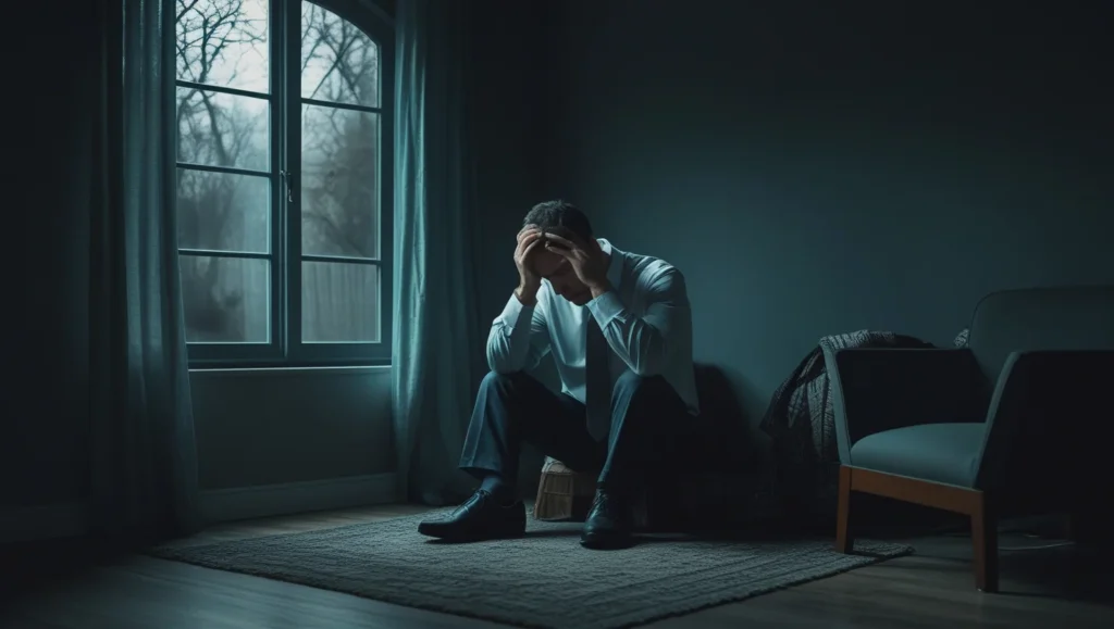 A young Christian man sitting alone in a dark room with a dim light coming through the window, holding his head in sorrow, symbolizing inner struggle and silent shame, spiritual tone, emotional expression, landscape format