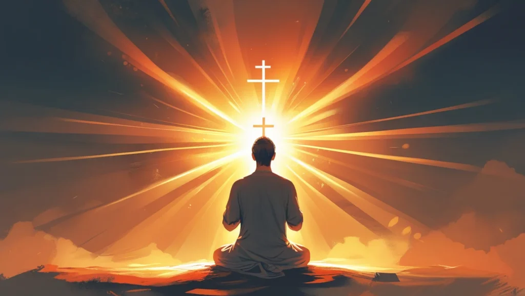 Abstract spiritual artwork showing a warm orange glowing aura surrounding a person in prayer, soft light rays representing joy, creativity, and the Holy Spirit, peaceful atmosphere, subtle Bible elements like a faint cross or dove in the background,