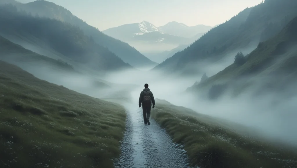 An image of a person walking on a narrow path through a foggy valley, with mountains in the distance. The path represents faith and persistence in the journey of fasting and prayer. The image should feel hopeful, symbolizing determination and reliance on God's guidance