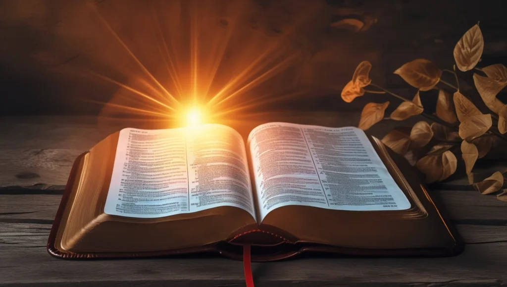 “An open Bible on a wooden table with a warm glowing light shining over it, symbolizing the power of God’s Word, peaceful and holy atmosphere, rustic background, landscape layout”
