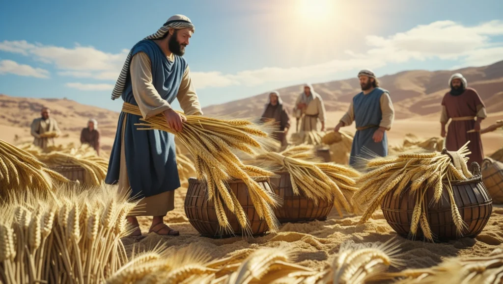 Close-up of bundled wheat stalks tied together during an ancient biblical harvest, symbolizing a sheaf in biblical times.
