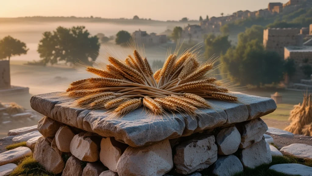 An offering of golden wheat sheaves placed on an altar, representing the firstfruits offering and the resurrection of Christ.