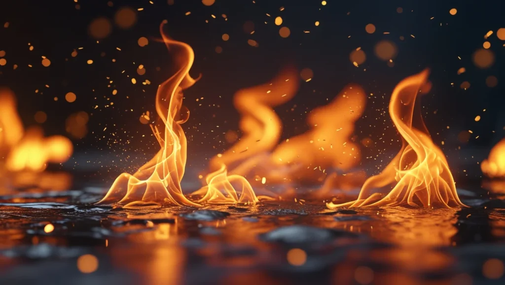 Bright glowing flames with orange and gold sparks, soft focus in the background, symbolic of God’s refining fire and divine presence, dark background with spiritual glow