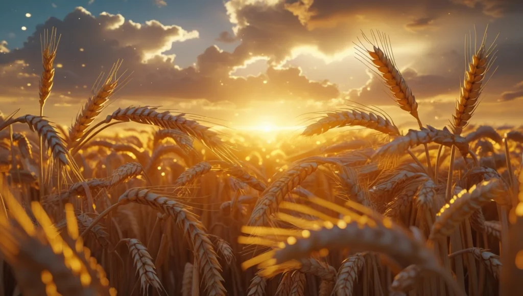 A peaceful farmland with harvested wheat sheaves, symbolizing thanksgiving, obedience, and blessings in the Bible.