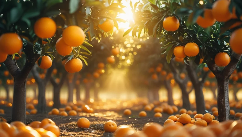 Orange fruit trees heavy with ripe oranges in warm golden light, symbolic of spiritual fruitfulness and blessings, peaceful orchard, sun filtering through the leaves, soft background blur,