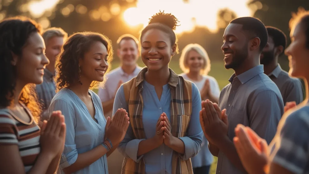People standing in a prayer circle, diverse group, smiling gently, feeling united after a worship session, sunset light in background, warm Christian fellowship vibes