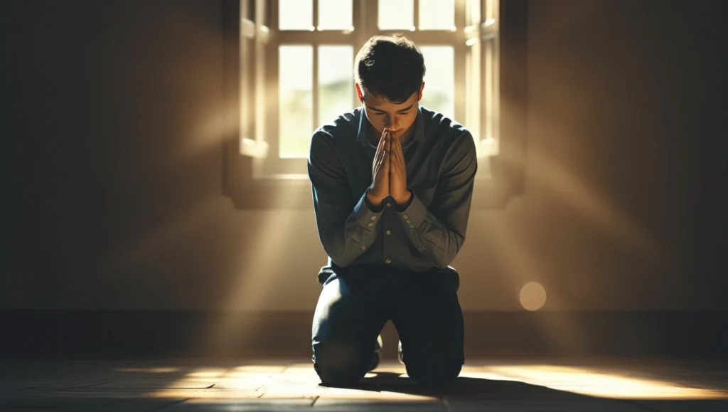 Sincere Christian in prayer, seeking authentic faith