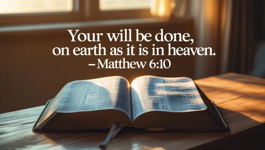 Open Bible on wooden table near window with morning light and verse text “Your will be done, on earth as it is in heaven” — Matthew 6:10