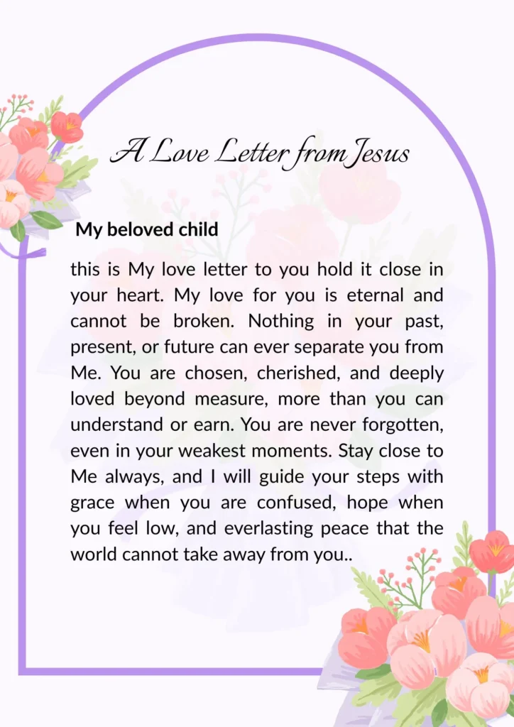 Love letter from Jesus giving comfort in struggles and peace in difficult times with divine presence