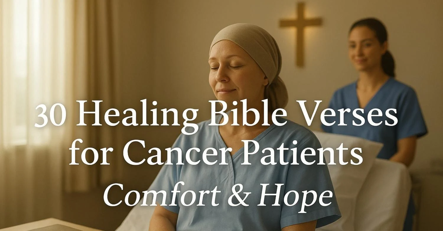 Cancer patient sitting in a hospital room with comforting Bible in hand, soft natural light symbolizing hope and healing, text overlay: 30 Healing Bible Verses for Cancer Patients | Comfort & Hope