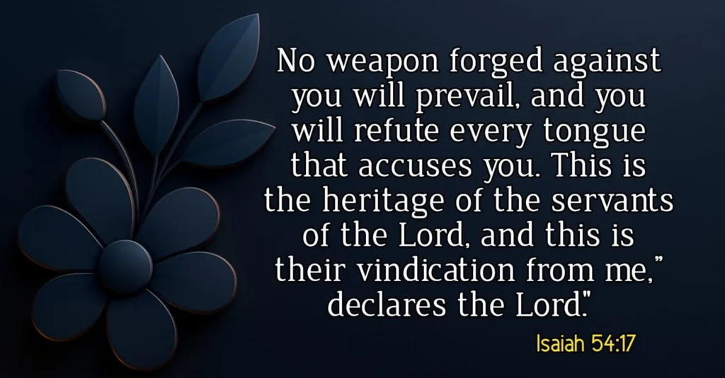 Isaiah 54:17 (NIV) – God’s Victory and Protection17 No weapon forged against you will prevail, and you will refute every tongue that accuses you. This is the heritage of the servants of the Lord, and this is their vindication from me,” declares the Lord.