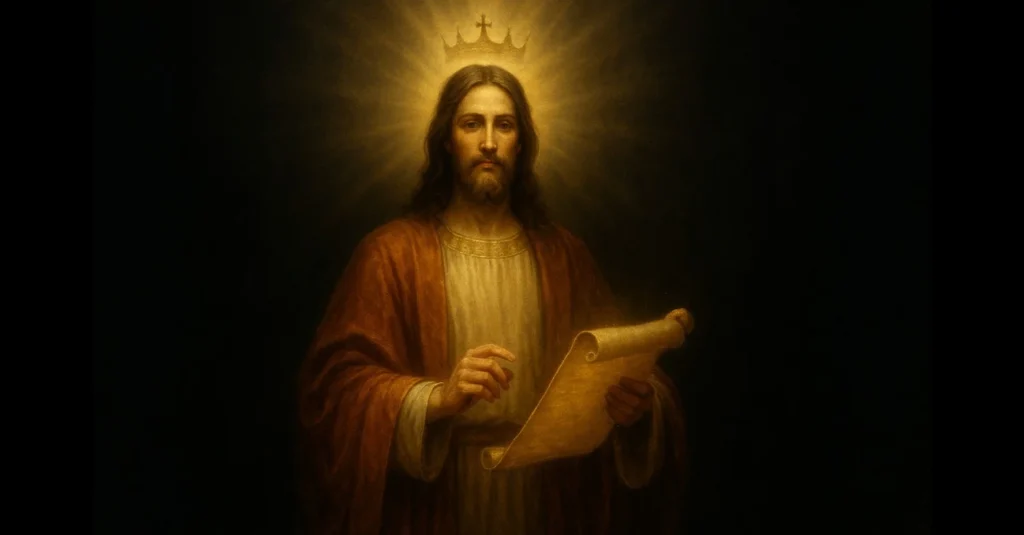 Messianic Psalm 45 illustration: Jesus as a royal figure holding a scroll with divine grace, black background, golden light, symbolic of Psalm 45:2 meaning
