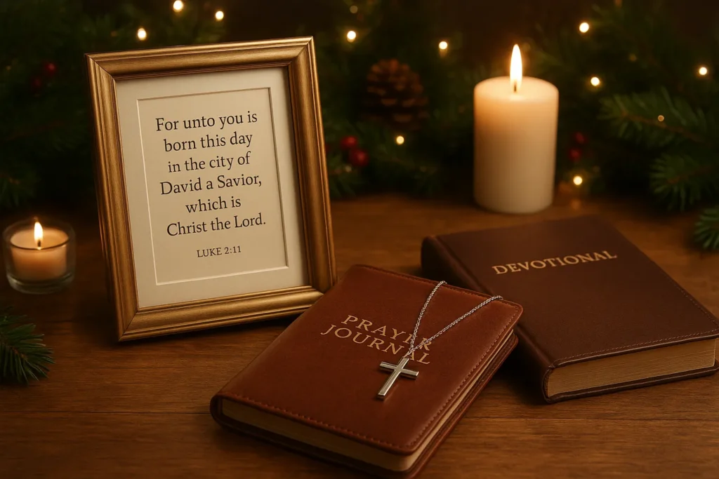 Christian faith gifts including a Bible verse frame, prayer journal, cross necklace, and devotional book with Christmas décor.