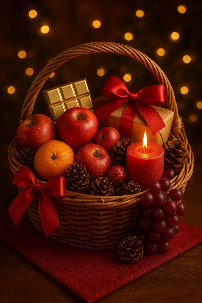 Christmas gift basket filled with festive treats and decorations. and fruits
