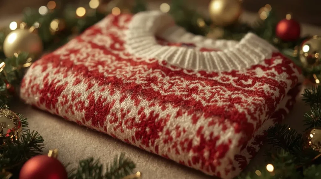 Cozy knitted Christmas sweater with festive patterns displayed beautifully.