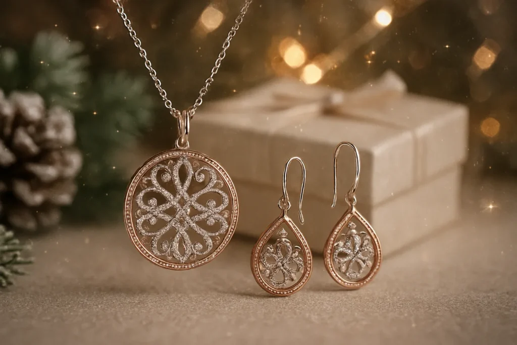 Handmade jewelry set displayed in an elegant Christmas-style box.