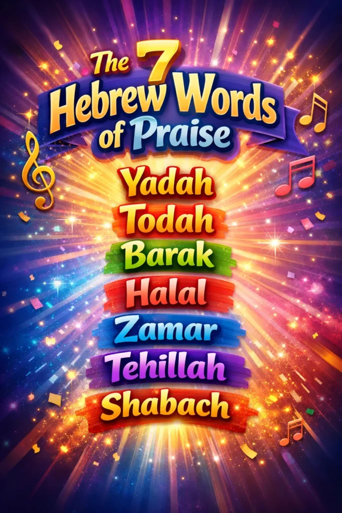 7 Hebrew Words of Praise: Yadah, Todah, Barak, Halal, Zamar, Tehillah, Shabach in colorful 3D design for biblical worship and praise