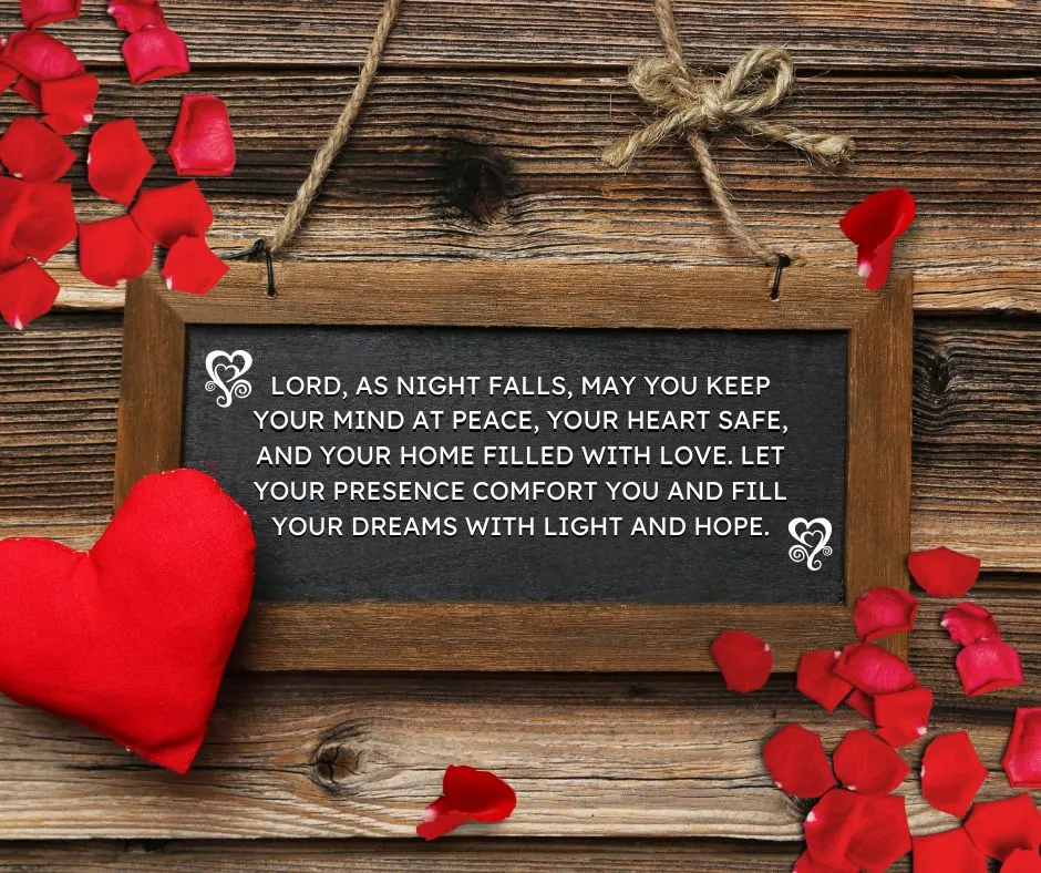 Good evening blessings prayer image asking God to surround you with peace and protect your heart tonight