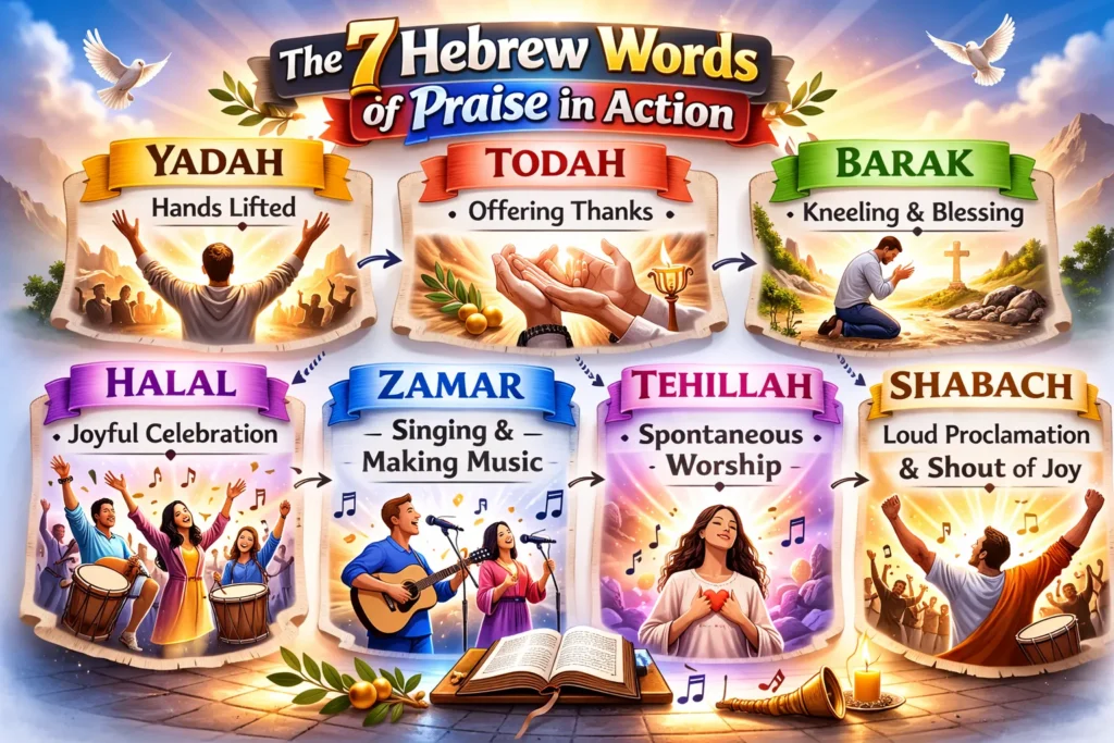 Infographic of the 7 Hebrew Words of Praise showing Yadah, Todah, Barak, Halal, Zamar, Tehillah, Shabach with actions for biblical worship