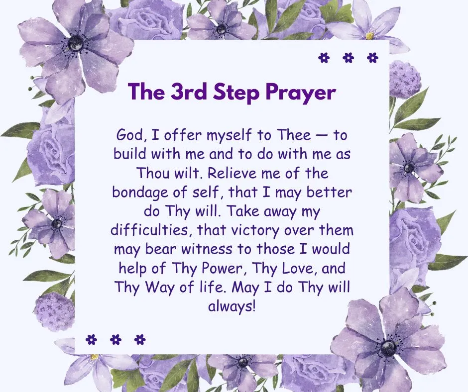 The 3rd Step Prayer text expressing surrender to God, freedom from self-will, and trust in God’s power, love, and guidance