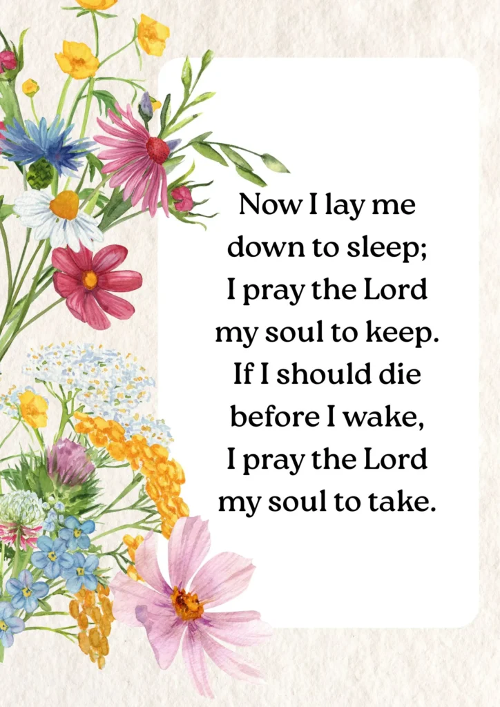 now i lay me down to sleep prayer written on image for peaceful bedtime and God’s protection