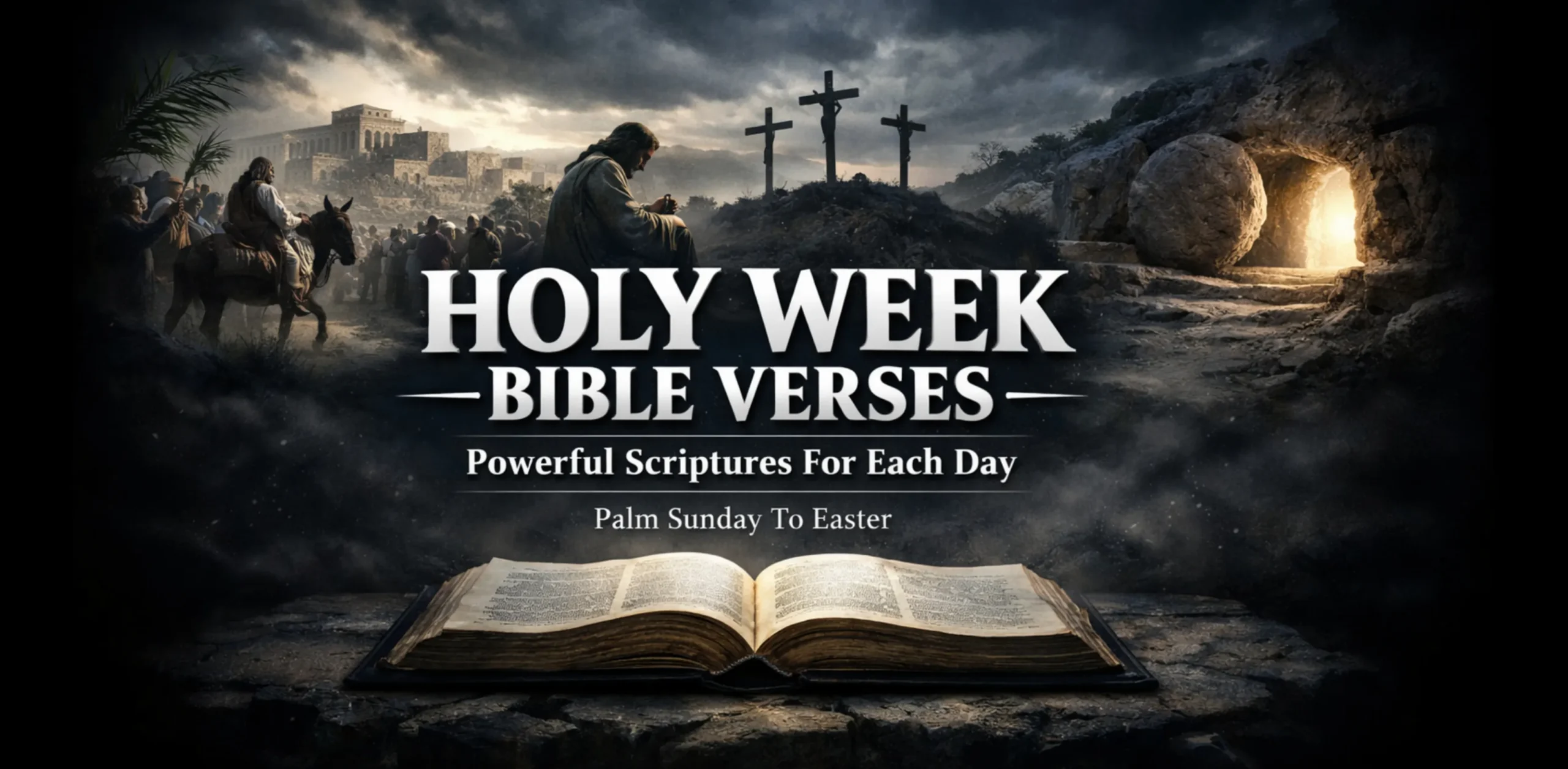 holy week bible verses showing palm sunday cross and easter resurrection scriptures