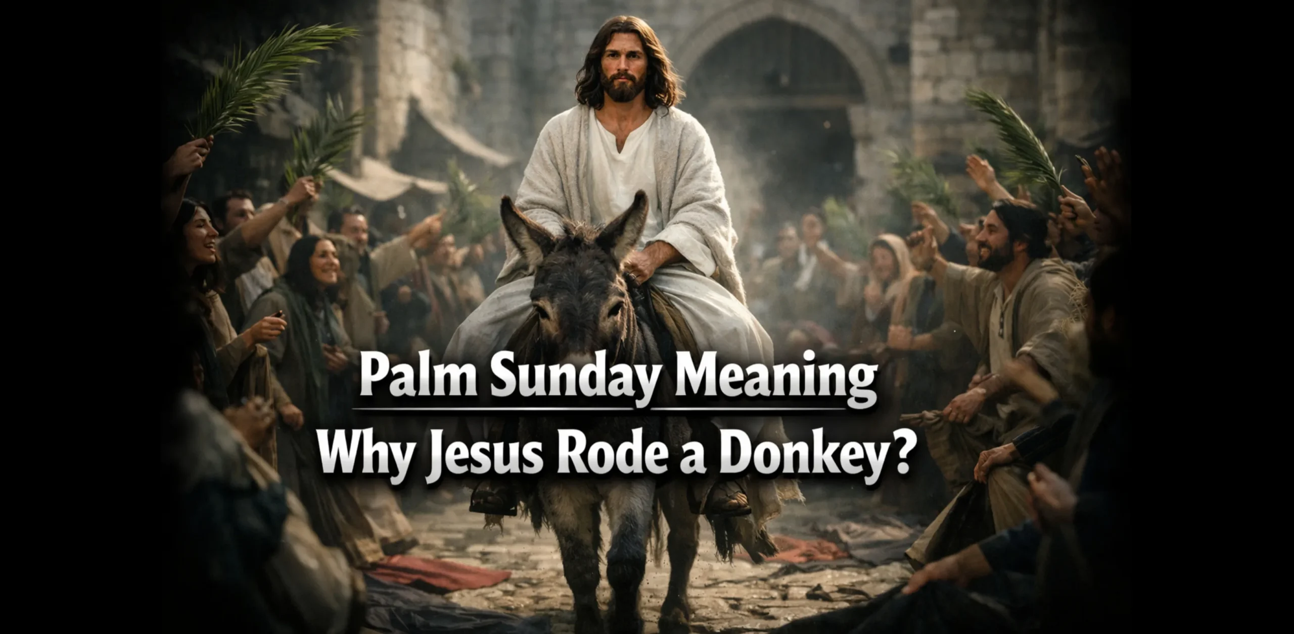 Jesus riding a donkey into Jerusalem with crowds waving palm branches – Palm Sunday Meaning