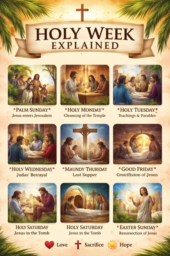 Palm Sunday depiction of Jesus entering Jerusalem on a donkey, crowds laying palm branches in joy and reverence