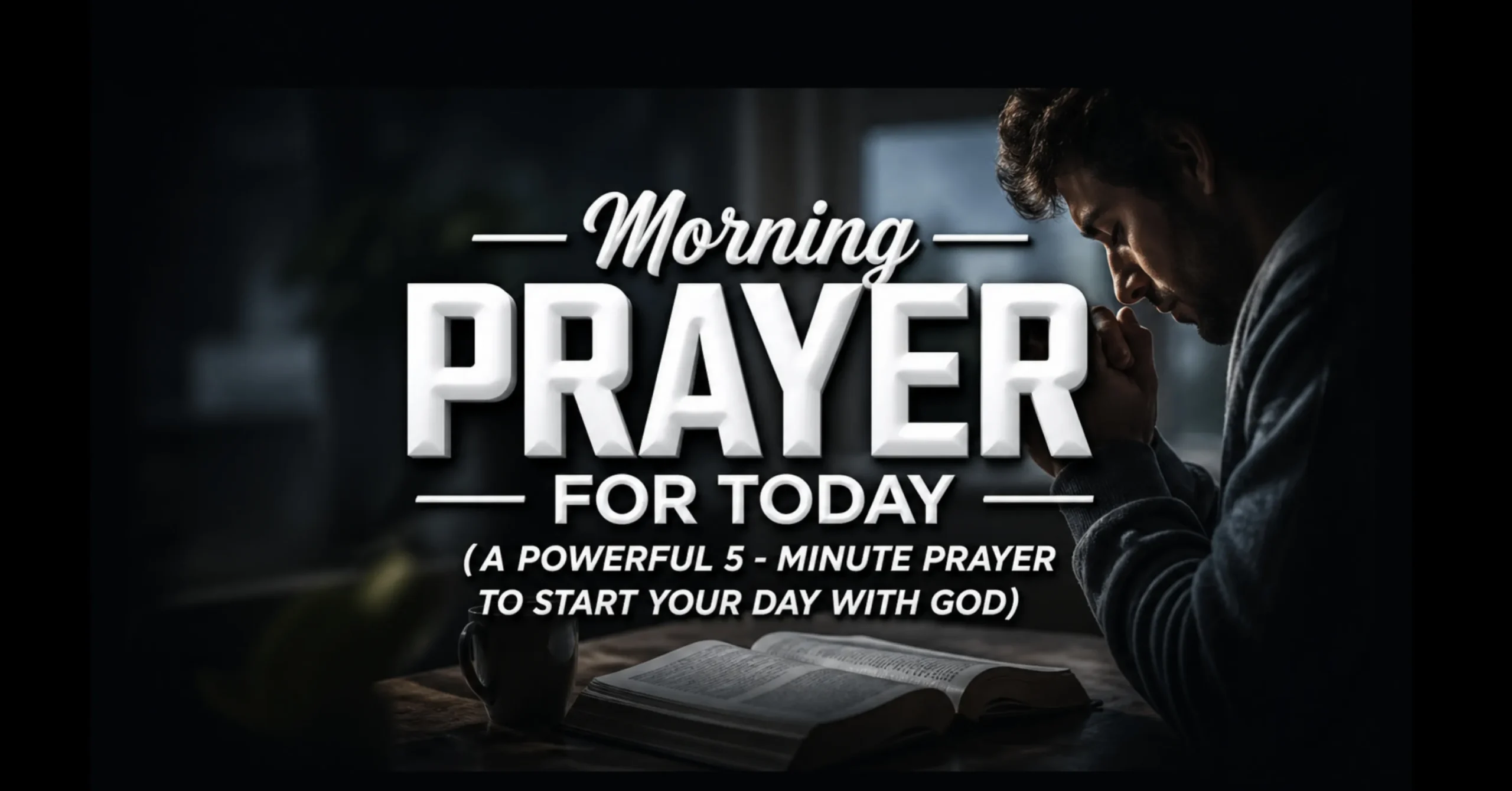 Morning prayer for today with Bible and sunrise background representing peace, blessings, and daily devotion