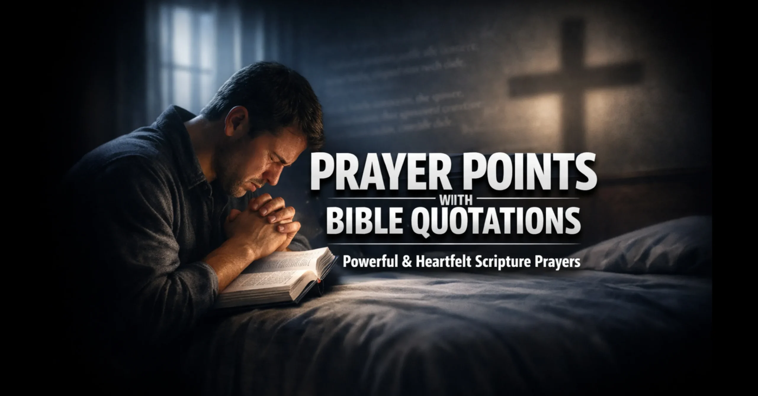Prayer points with Bible quotations showing open Bible and peaceful prayer hands for daily Christian prayer